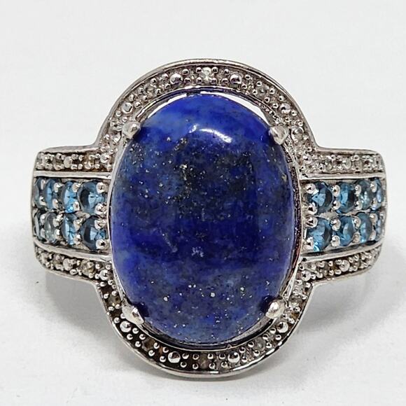 Vintage Lapis Lazuli Aquamarine Sterling Silver Size 10 Ring - Picture 1 of 12